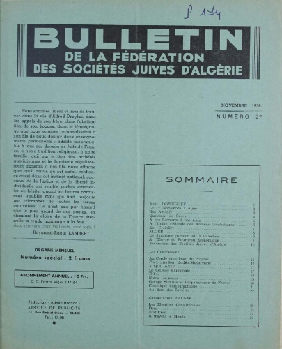 Bulletin de la Fédération des sociétés juives d’Algérie  V°03 N°27 (01/11/1936)